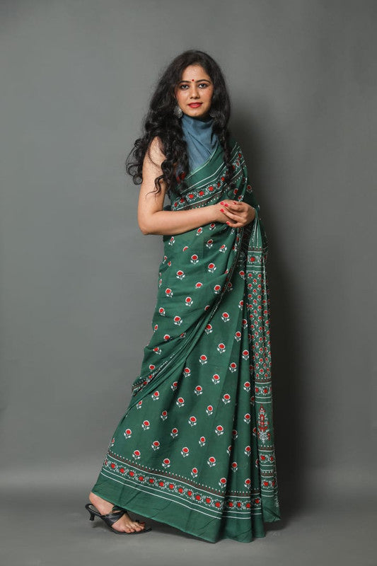 Green & Multi Coloured Pure Mul Cotton with Beautiful Hand Print Women Party/Casual wear Mul Cotton Saree with Runing Blouse!!