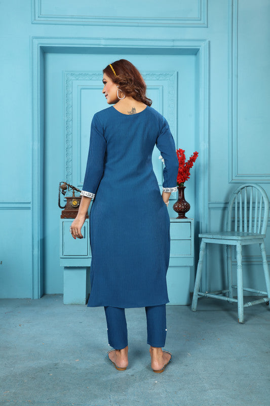 Rama Blue Coloured Rinkal Cotton with Embroidery Work Round Neck 3/4 sleeves Women Designer Party/ Casual wear Kurti with Pant!!