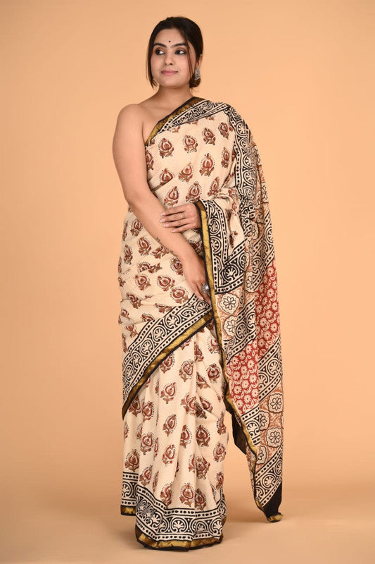 Beige & Multi Coloured Pure Cotton with Jari Border & Print Women Party/Casual wear Cotton Saree with Runing Blouse!!