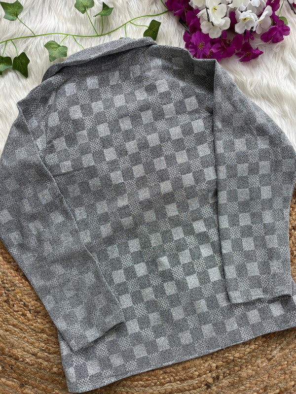 Grey Coloured Shining Checks Emboss Woman Designer Ethnic/Partywear Ready made Collar Style Fancy Jacket - 38 Size Fits Up to 42 Inch!!