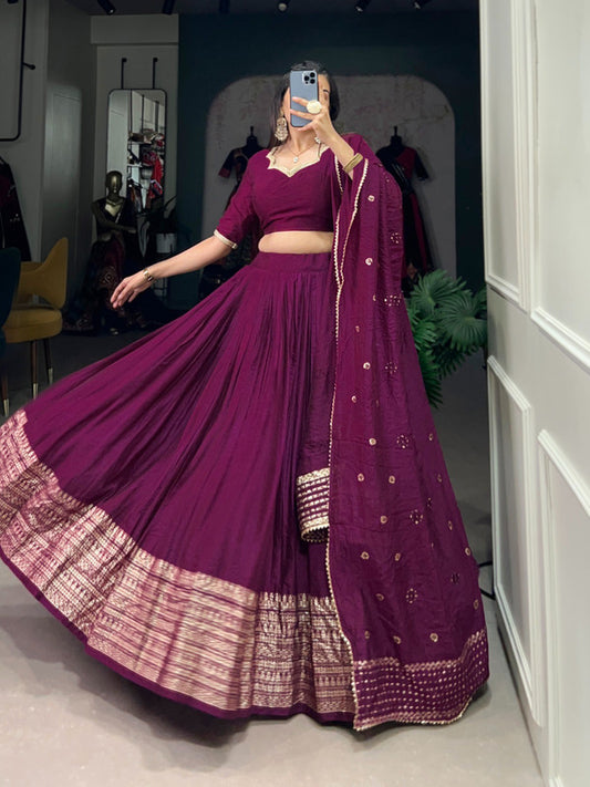 Wine Coloured Pure Chanderi with Plain & Intricate Zari Work Border Women Ethnic Festival wear Lehenga Choli & Dupatta!!