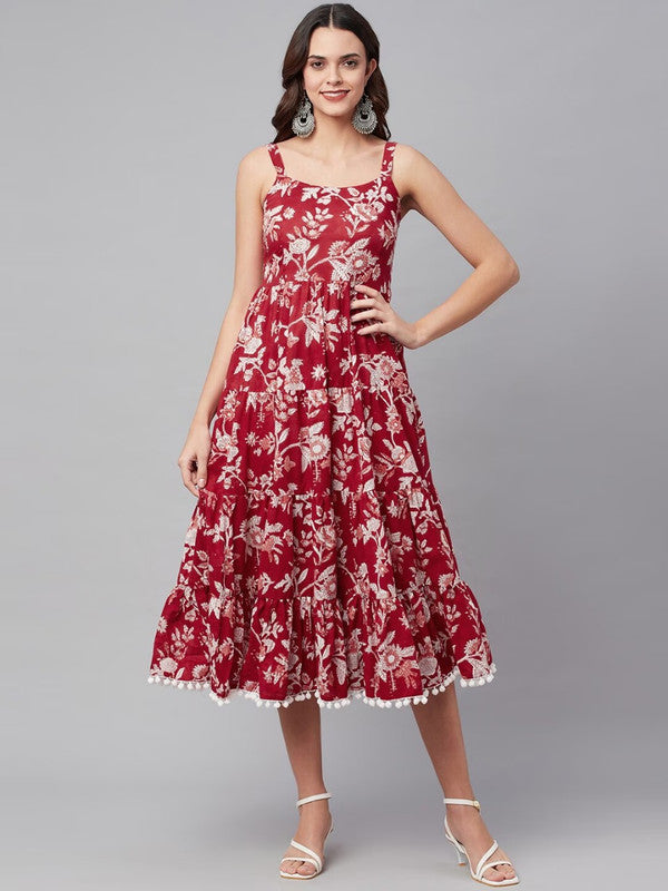 Red & White Coloured Pure Cotton with Floral Print Shoulder straps Sleeveless with Pom-Pom Women Designer Party/Casual wear Midi Dress!!