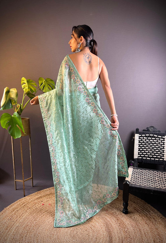 Light Green Coloured Twill Net with Thread & 3mm & 5mm Sequence Embroidery Work Women Fancy/Party Wear Saree with Blouse!!