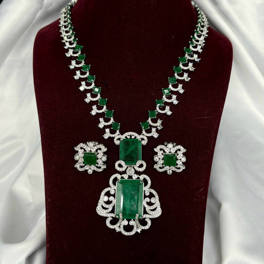 Silver & Green Coloured Pure American Diamonds with Emerald Stones Women Designer Long Necklace with Earings set!!