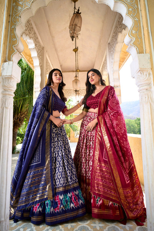 Maroon & Multi Coloured Tussar Silk with Beautiful Ikkat Print & Foil work Women Ethnic Festival wear Lehenga Choli & Dupatta!!