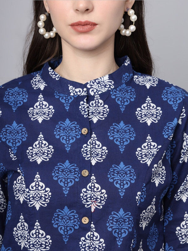 Blue Coloured Pure Cotton with Ethnic Motifs Printed Mandarin collar Three-quarter roll-up sleeves Women Casual/Daily wear Western Shirt Style Top!!