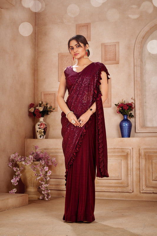 Maroon Coloured Premium Imported Fabric with Heavy Sequence Work Women Party/Fancy Ready to Wear Sequence Saree with Blouse!!