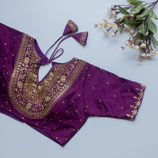 Purple Coloured Olive Silk with Golden Embroidery with Sequence Work Woman Designer Ethnic/Partywear Ready made Blouse - 38 Size Fits Up to 40 Inch!!