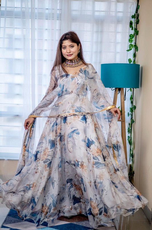 Grey with Blue & Multi Coloured Organza Taby Silk with Digital Print Full Sleeves Women Wedding/Party wear Anarkali Gown Kurti with Bottom & Dupatta!!