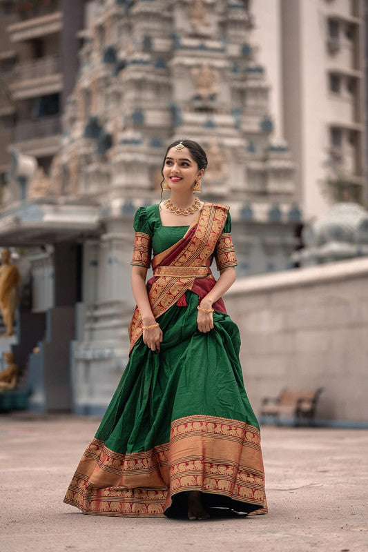 Green & Multi Coloured Narayan pet (Cotton) with Zari Weaving Work Women Ethnic Party wear Lehenga choli ( Half Saree) with Dupatta & Belt!!