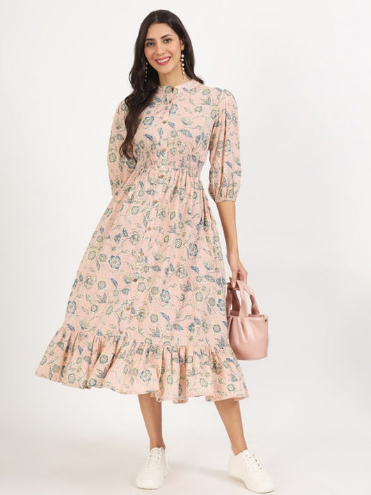 Pink & Blue Coloured Cotton with floral print Mandarin Collar Three-quarter Puf sleeves Women Designer Party/Casual wear Fit & Flare Midi Dress!!