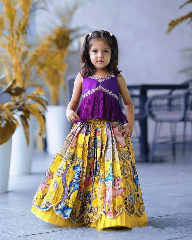 Purple with Yellow & Multi Coloured Chinon Silk with Hevy Sequins Embroidered & Crush Work Girls Kids Festival Designer Ethnic Lahenga with Blouse!!