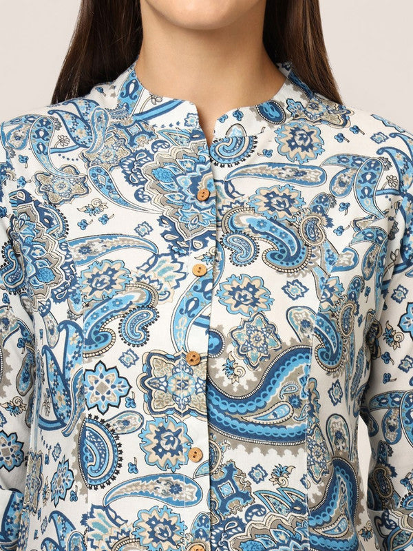 White & Multi Coloured Rayon with Ethnic motifs print Mandarin collar Three-quarter sleeves Women Party/Daily wear Western A-Line Top!!