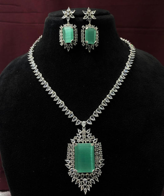 White with Pista Green Coloured Real Kundan American Diamonds with CZ Silver Plated Women Designer Beautiful Necklace Set with Earrings!!