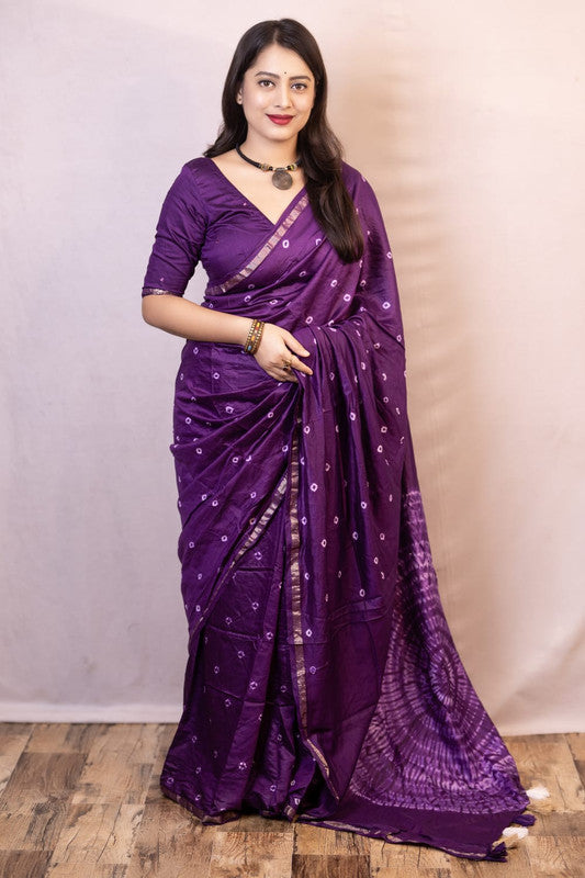 Purple Coloured Chanderi Cotton with Bandhani Print & Big Tied Pallu Women Party/Festival wear Chanderi Cotton Saree with Aari Mirror Blouse!!