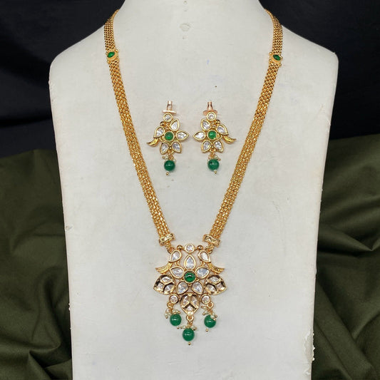 Gold & Green Coloured Pure Brass with Real Kundan Stones Women Designer Gold Plated Long Hara with Earrings Set!!