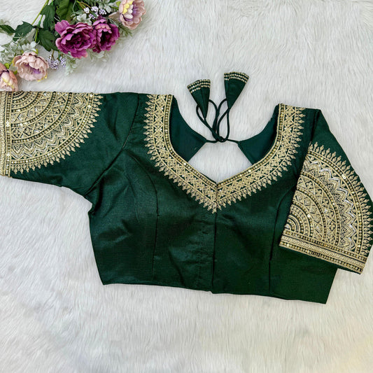 Green Coloured Heavy Soft Milan Silk with Tricot Fuising, Embroidery, Thread & Sequence Woman Designer Partywear Ready made Blouse - 40 Size Fits Up to 42 Inch!!