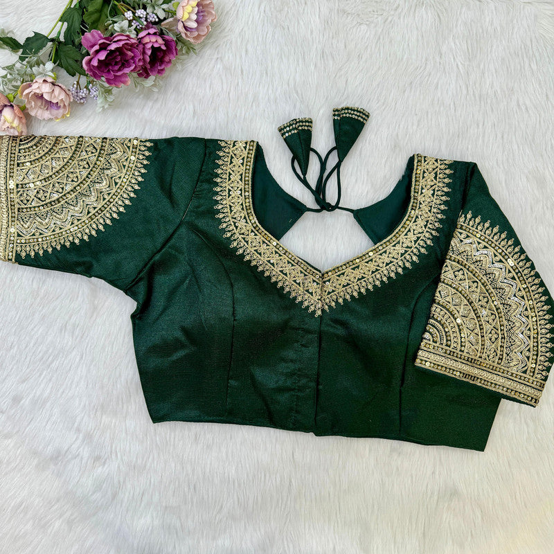 Green Coloured Heavy Soft Milan Silk with Tricot Fuising, Embroidery, Thread & Sequence Woman Designer Partywear Ready made Blouse - 40 Size Fits Up to 42 Inch!!