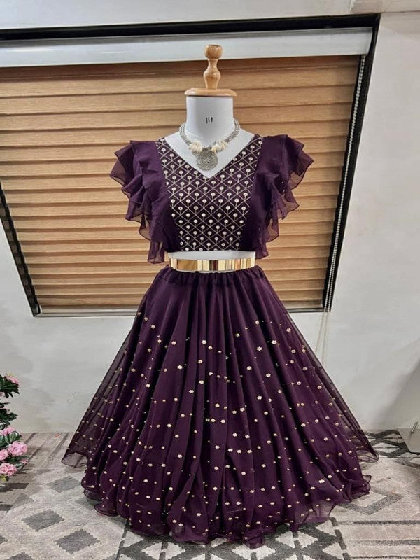 Wine Coloured Heavy Faux Georgette with Miror, Embroidery Sequence and Moti Work Designer Girls Kids Designer Ethnic wear Frill Ghagra Choli set!!