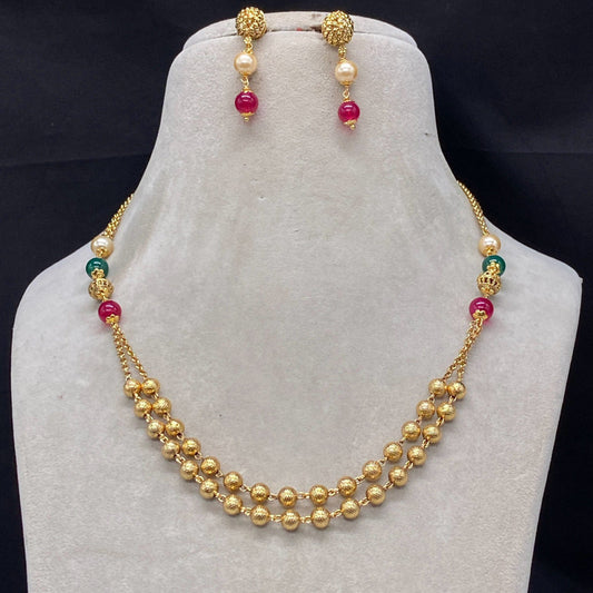 Gold & Multi Coloured Pure Brass with Perals &  One Gram Gold Plated Women Designer Beautiful Mala Set with Earrings!!