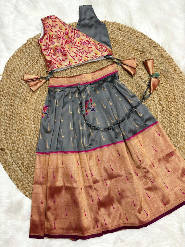 Grey & Multi Coloured Paithani Muniya Silk with Beuatiful Zari Weaving Work & Full Inner Designer Girls Kids Designer Ethnic wear Paithani Lehenga Choli!!