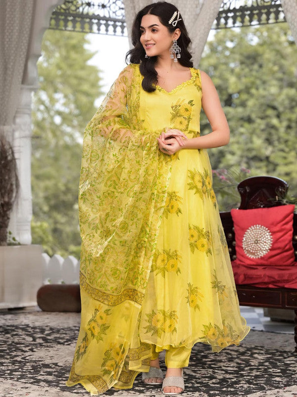 Parrot Green Coloured Organza Floral Printed Shoulder Straps Floor length Women Designer Party/Casual wear Anarkali Kurta with Trousers & Dupatta!!