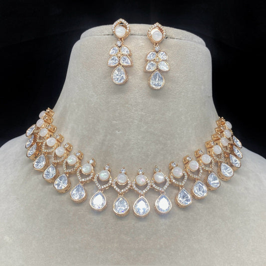 Gold & White Coloured Pure Brass Gold Plated with Real Moissanite 92.5 Carat Women Designer Necklace Set with Earrings!!