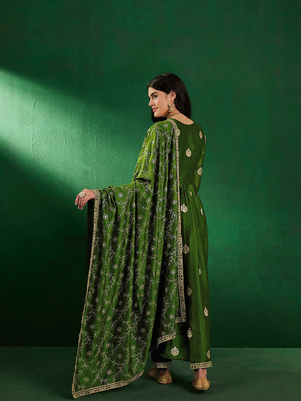 Green Coloured Vichitra Zari Sequence Embroidery With Printed Women Designer Party/Casual wear A Line Kurta with Pant & Dupatta Set!!