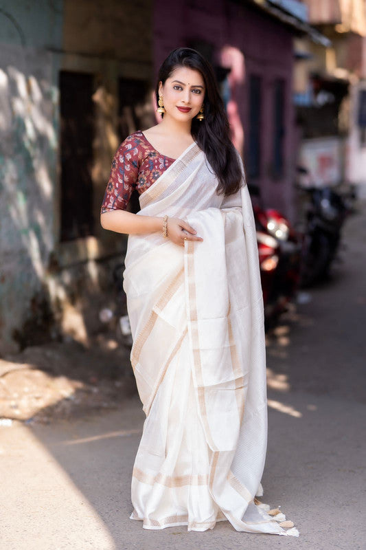 Off White Coloured Kota Silk with Zari & Shine Sartin Woven Bentex Border Women Ethnic/Festival wear Plain Kota Silk Saree with Kalamkari Blouse!!