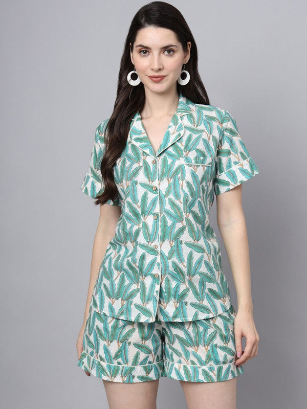 Green Coloured Pure Cotton with Floral Printed Shirt collar Short sleeves Women Casual/Daily wear Western Style Night Suit!!