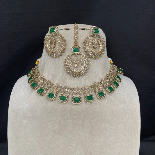 Green Coloured Pure Reverse American Diamonds Mehendi Design with Real Kundan Stones Women Designer Choker with Earrings & Matha Patti!!