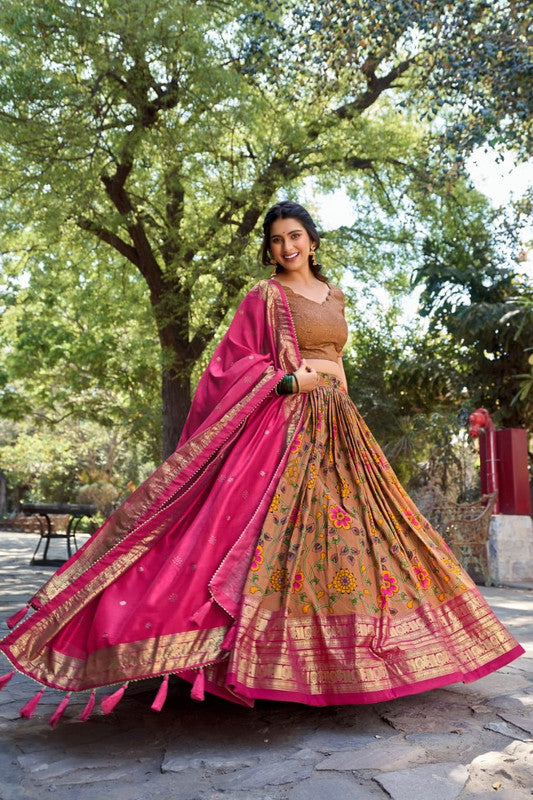 Rani Pink & Multi Coloured Tussar Silk with Kalamkari Print & Foil Print Women Ethnic Festival wear Lehenga Choli & Dupatta!!