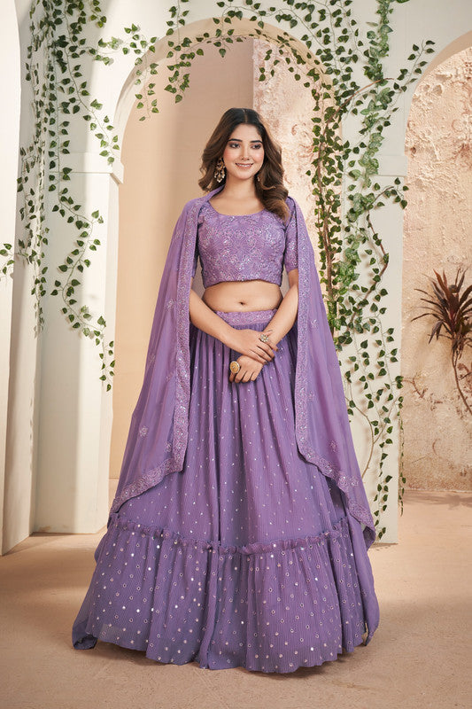 Lavender Coloured Faux Georgette Thread & Sequence Embroidery Work Woman Designer Party wear Lehenga Choli & Dupatta!!