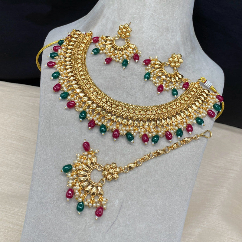 Gold & Multi Coloured Pure Brass and Copper with Real Kndan Women Designer Gold Plated Necklace with Earrings Set & Matha Patti!!