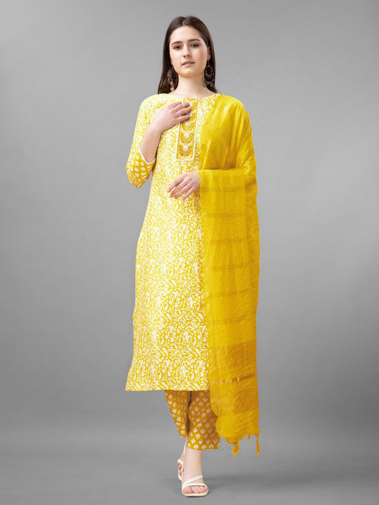 Yellow Coloured Rayon with Print & Embroidery Lace work Women Designer Party wear Kurta with Pant & Silk Blend Dupatta!!