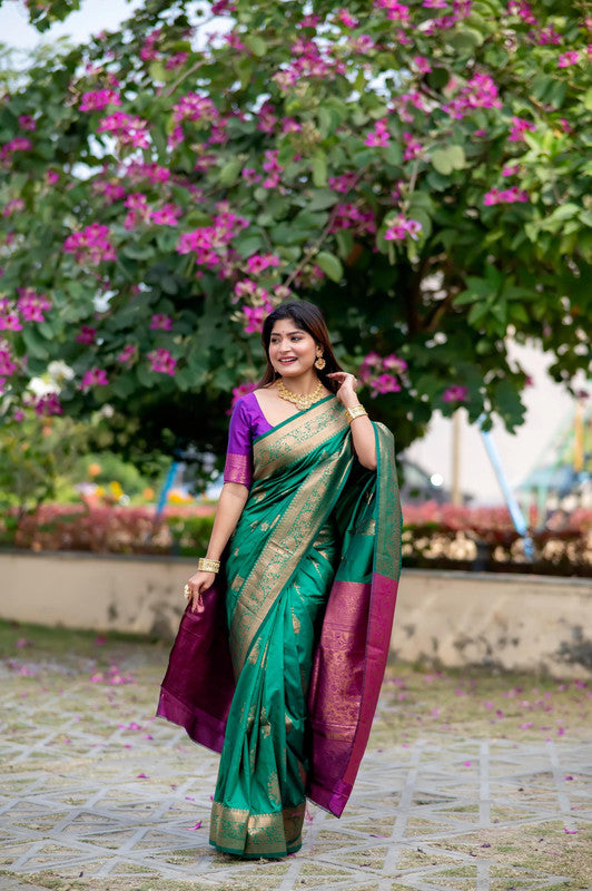 Green Coloured Soft Banarasi Katan Silk with Zari Woven & Rich Pallu Women Ethnic/Festival wear Soft Silk Saree with Blouse!!