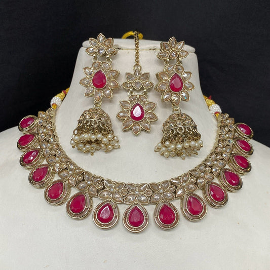 Dark Pink Coloured Pure Reverse American Diamonds Mehendi Design with Real Kundan Stones Women Designer Choker with Jhumka Earrings Set & Matha Patti!!