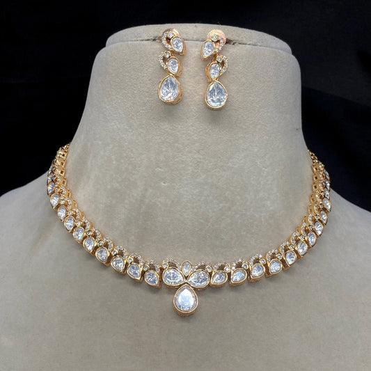 Gold & White Coloured Pure Brass Gold Plated with Real Moissanite 92.5 Carat Women Designer Necklace Set with Earrings!!