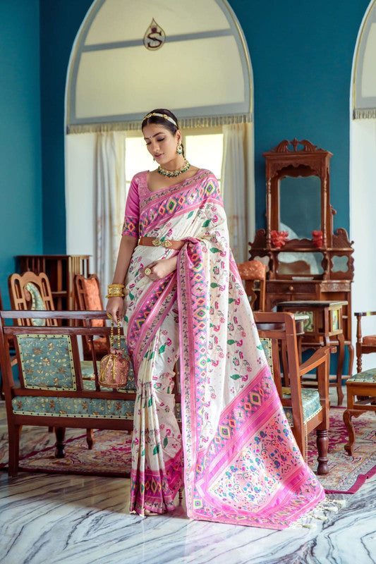 Off White with Pink & Multi Coloured Banarasi Silk Paithani Patola Meenakari Work Women Ethnic wear Soft Silk Saree with Contrast Brocade Blouse!!