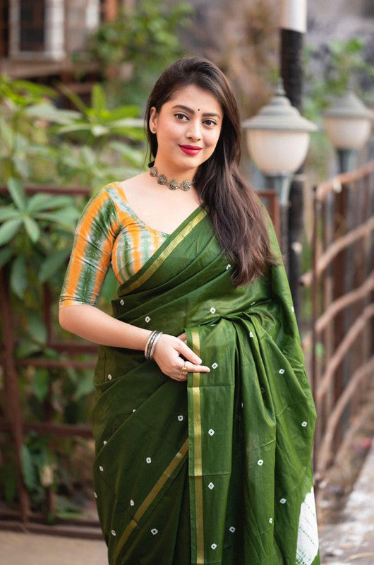 Green & Yellow Coloured Soft Pure Chanderi Cotton with Bandhej & Shibori Block Print Women Ethnic/Party wear Cotton Saree with Blouse!!