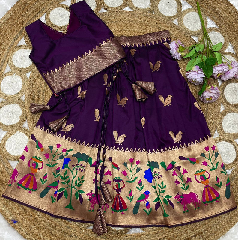 Wine Coloured Paithani Silk with Beautiful Zari Weaving Work with Full Inner Designer Girls Kids Designer Ethnic/Party wear Lehenga Choli!!