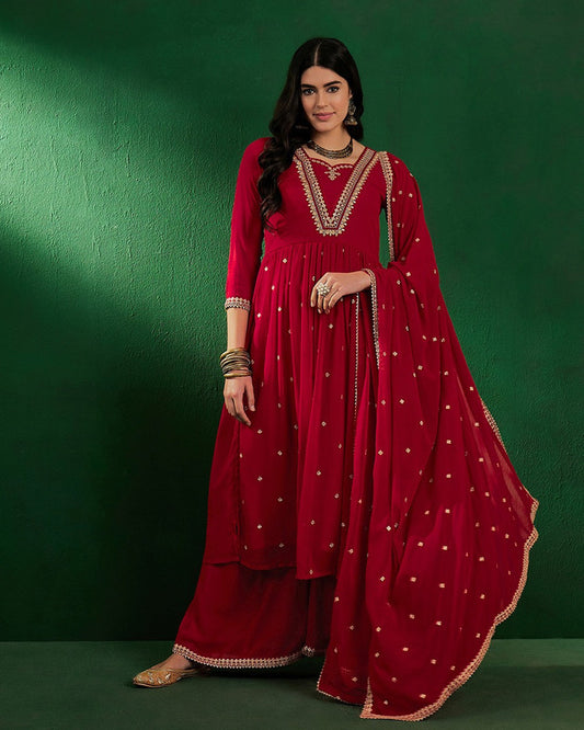 Red Coloured Georgette Zari Sequence Embroidered Women Designer Party/Casual wear Kurta with Palazzo & Dupatta Set!!