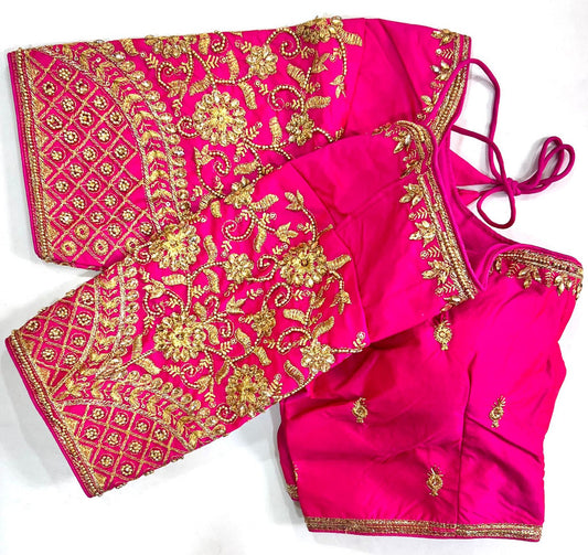 Rani Pink Coloured Heavy Banarasi Silk with Jari , Thread & Khatli Hand Work Woman Designer Wedding Ready made Blouse - 38 Size Fits Up to 40 Inch!!