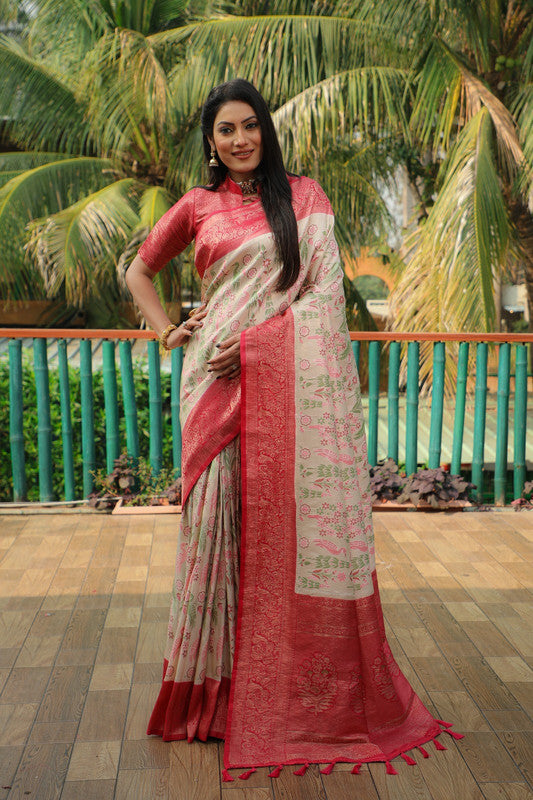 Off White & Multi Coloured with Shine & Shimmer, Sheer Skin Women Designer Kanjivaram Soft Silk Saree with Blouse!!