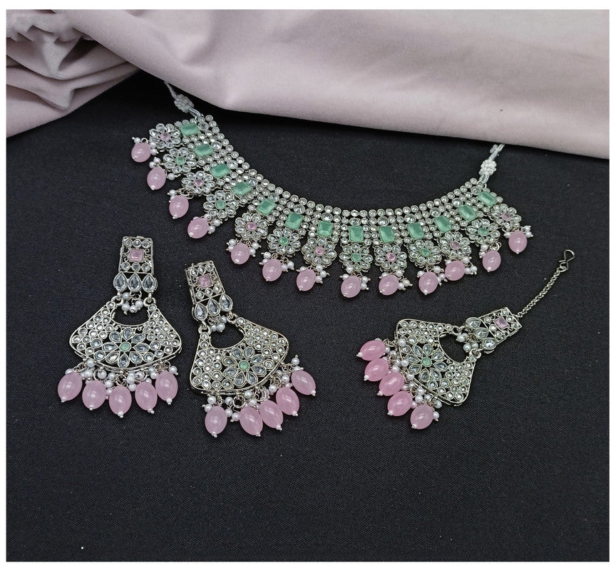 Green & Pink Coloured Real Kundan Reverse American Diamonds Silver Plated Women Designer Beautiful Choker Set with Earrings & Matha Patti!!