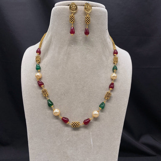 Gold & Multi Coloured Pure Brass with Perals & Gold Plated Women Designer Beautiful Mala Set with Earrings!!