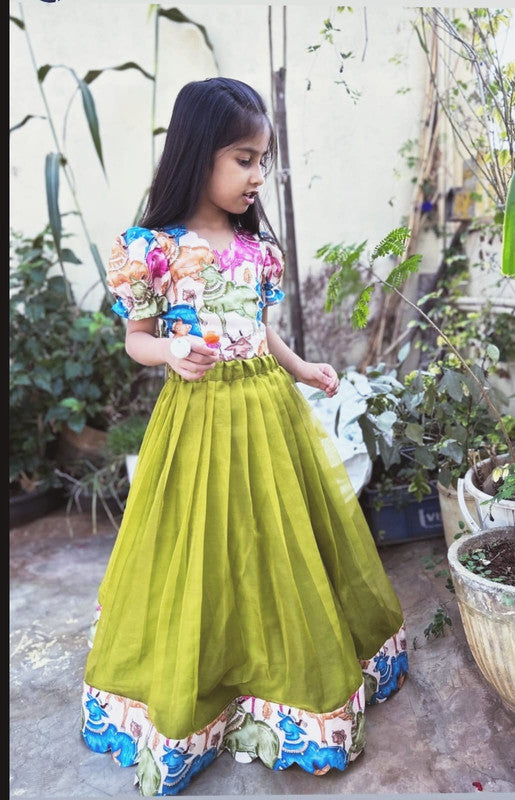 Mehendi Green & Multi Coloured Faux Georgett with Digital Print & Heavy Fancy Lace Work Girls Kids Designer Ethnic wear Lehenga with Blouse!!