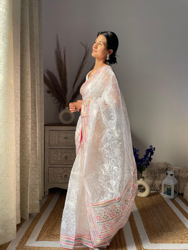 White & Multi Coloured Organza Cotton with Lucknowi & Multi Thread Work Women Party/Fancy wear Organza Saree with Silk Blouse!!