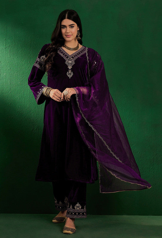 Purple Coloured Velvet Zari Sequence Embroidered Women Designer Party/Casual wear Kurta with Pant Style Palazzo & Dupatta Set!!