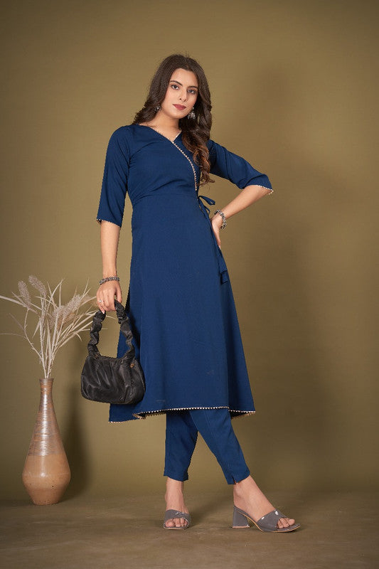 Navy Blue Coloured Ashika Crepe with Gota Lace V Neck 3/4 Sleevs Women Designer Party/Casual wear Gown Kurti!!